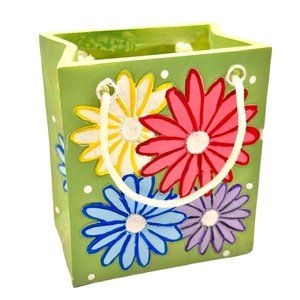 Ceramic Gift Bag Planter Vase Pen Cup Green Multicolor 1980s Floral Pattern 4"
